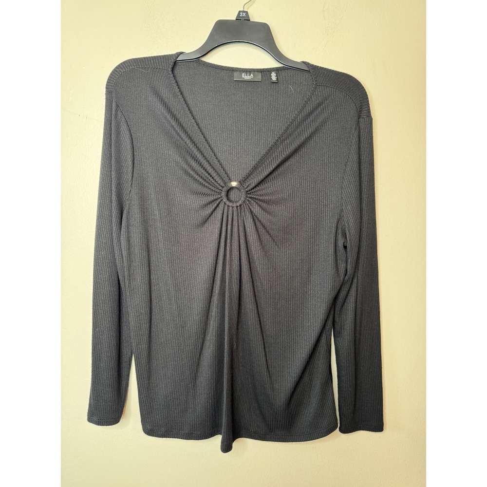 Ella Rafaella Black Ribbed O-Ring V-Neck Long Sleeve Top Plus Size 1X